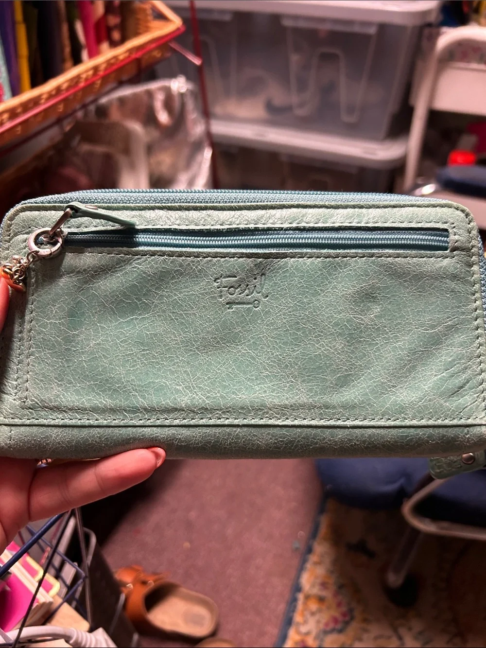 Fossil Leather Zippered Wallet in Dusty Mint Green